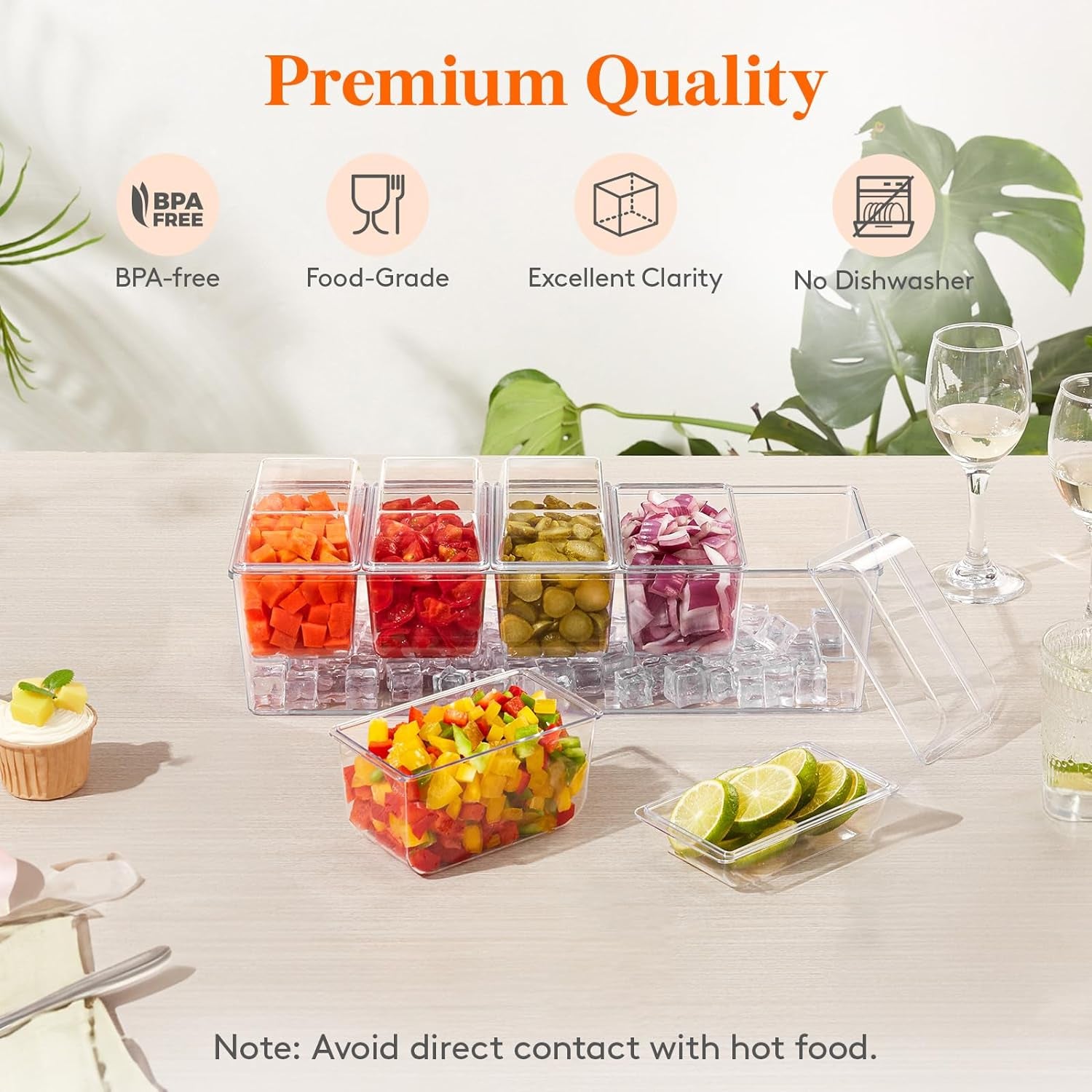 Ice Chilled Condiment Caddy with 5X 20Oz(2.5 Cup) Containers, 15.3" Condiment Server with Separate Lids, Serving Tray Platter with Removable Dishes for Bar, Fruit, Salad, Taco, Party Garnish