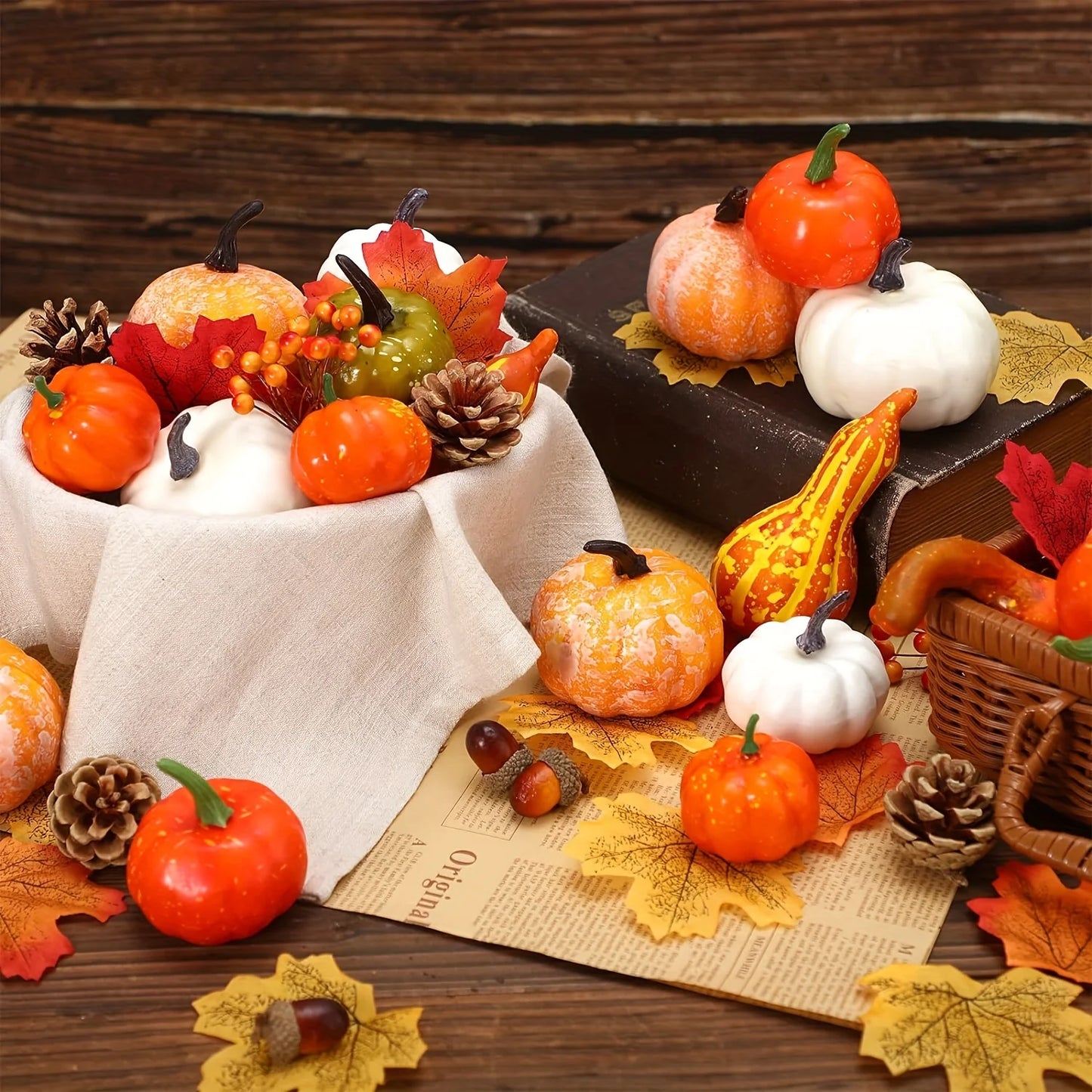 50Pcs Thanksgiving Artificial Pumpkins Set with Leaf Acorns Pine Cones for Autumn Festival Halloween Home Table Decoration