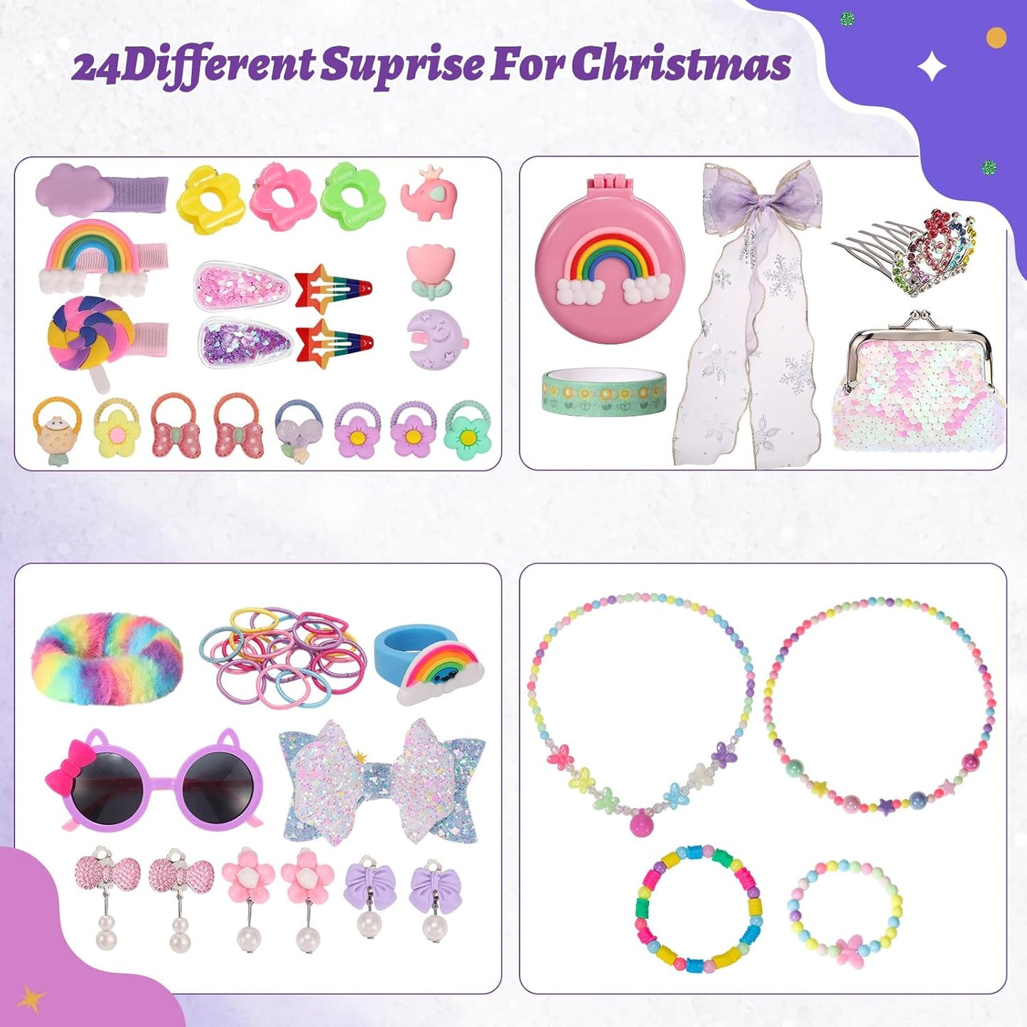 Advent Calendar 2025, Christmas Countdown Calendar 24 Days Surprise Xmas Gift Box Including Hair Accessories, Glasses, Necklace, Ring, Bracelet, Mirror