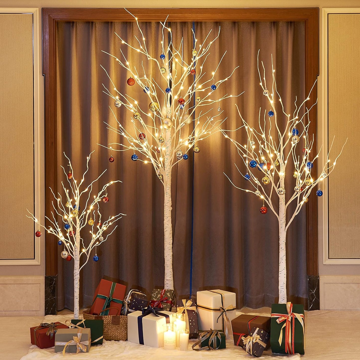 LED Birch Tree Light Set - 4Ft, 6Ft, 8Ft Trees with Warm White Lights - Indoor Outdoor Christmas Wedding Party Decorations (3-Pack)
