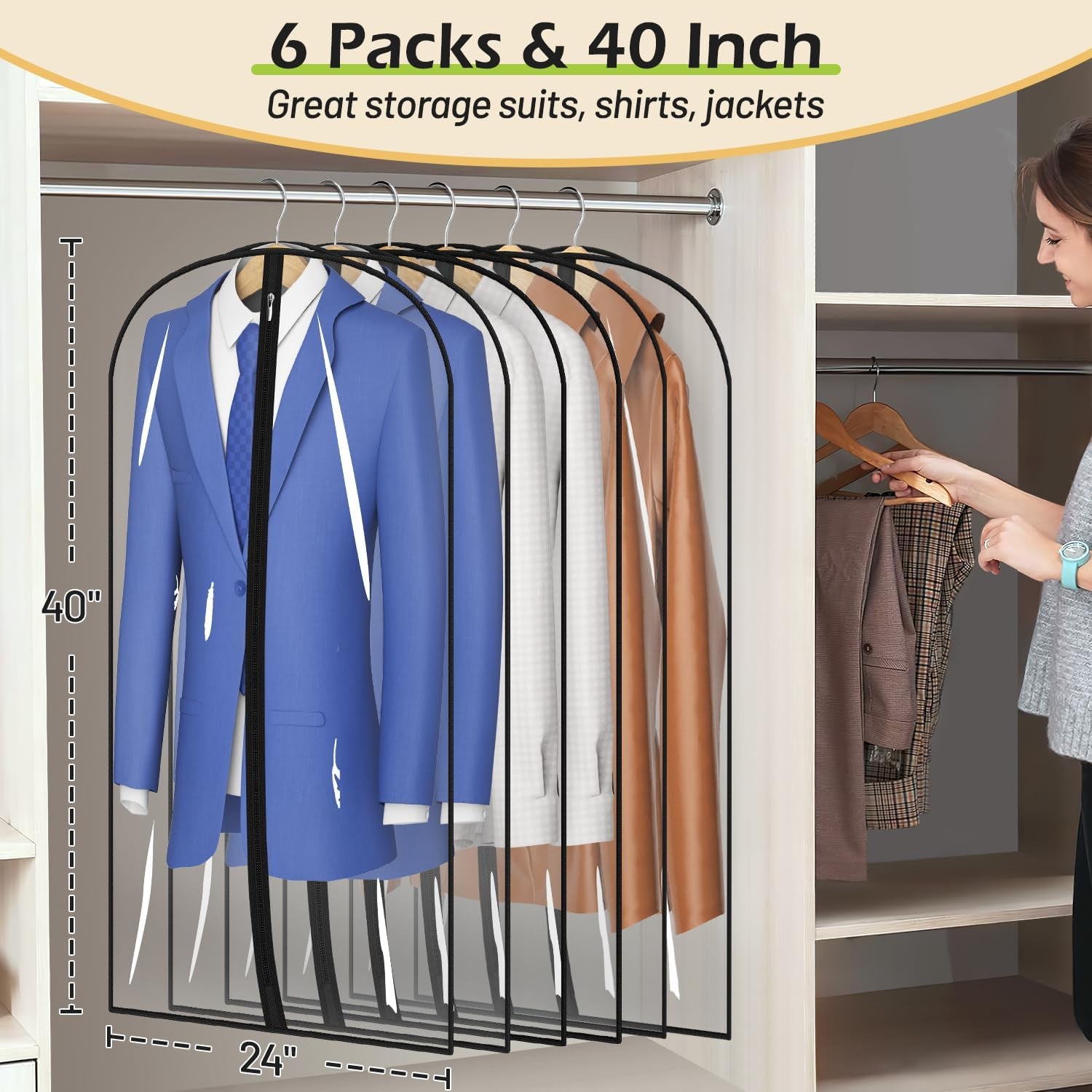 All Clear Garment Bags for Hanging Clothes 40" Suit Bags for Closet Storage Plastic Clothes Covers for Shirts, Jackets, Coats, 6 Packs