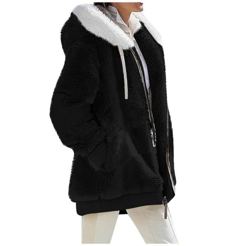 Autumn Winter Women'S Loose Plush Long-Sleeved Zipper Pocket Hooded Warm Coat Womenswear Jackets Tops Underwear Lady Comfort Long Sleeve Outerwear Longsleeves Fitted Basic Casual Basic Casual Minimalist