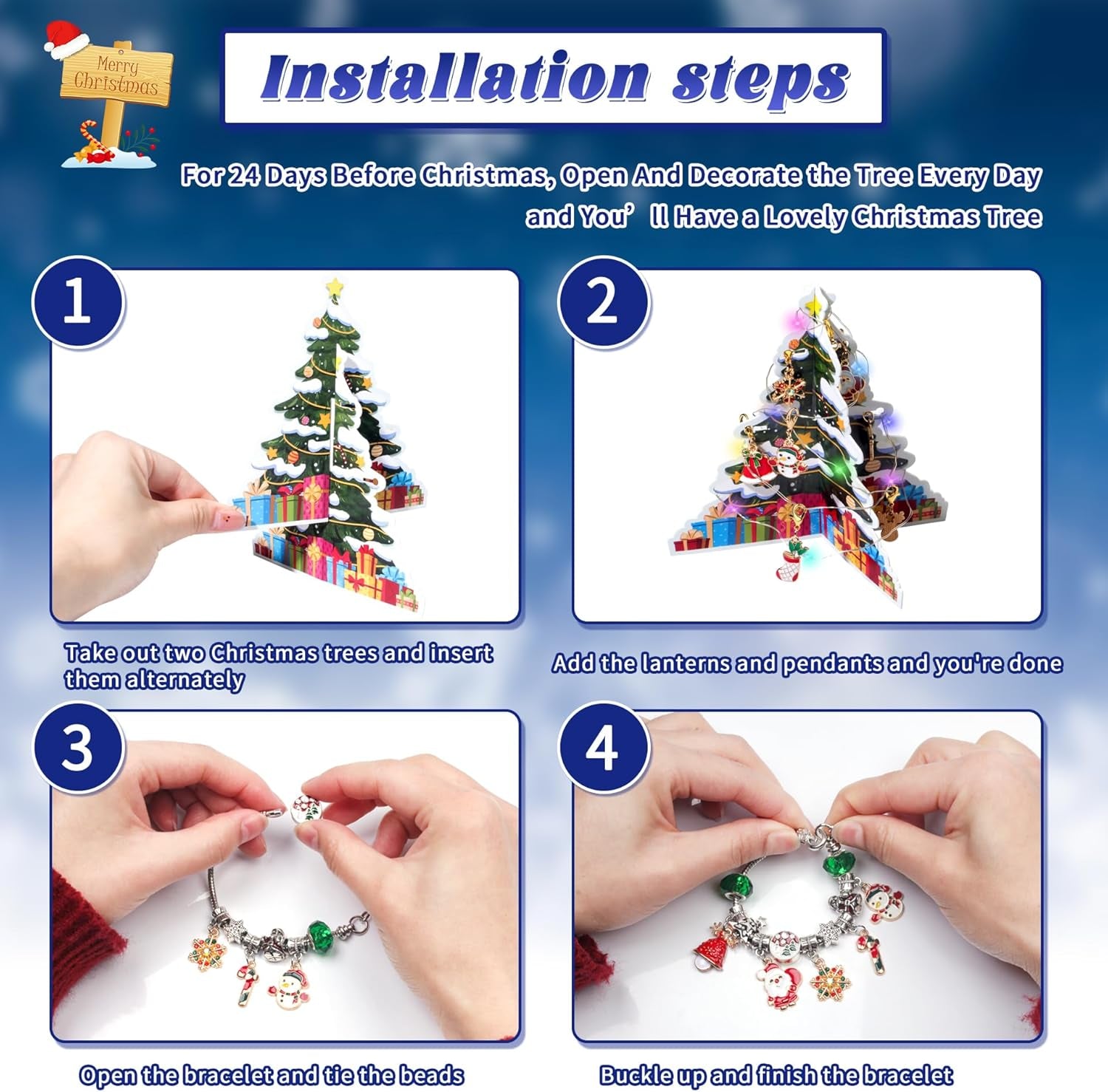 2025 Christmas Advent Calendar Bracelets, 24 Days DIY Jewelry Making Kit with 22 Charm Beads and 2 Adjustable Bracelets, Xmas Countdown Gift for Kids Teens Women