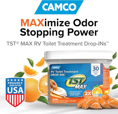 TST MAX RV Toilet Treatment Drop-Ins - Control Unwanted Odors & Break down Waste and Tissue - Safe Septic Tank Treatment - Orange Scent, 30-Pack (41183)