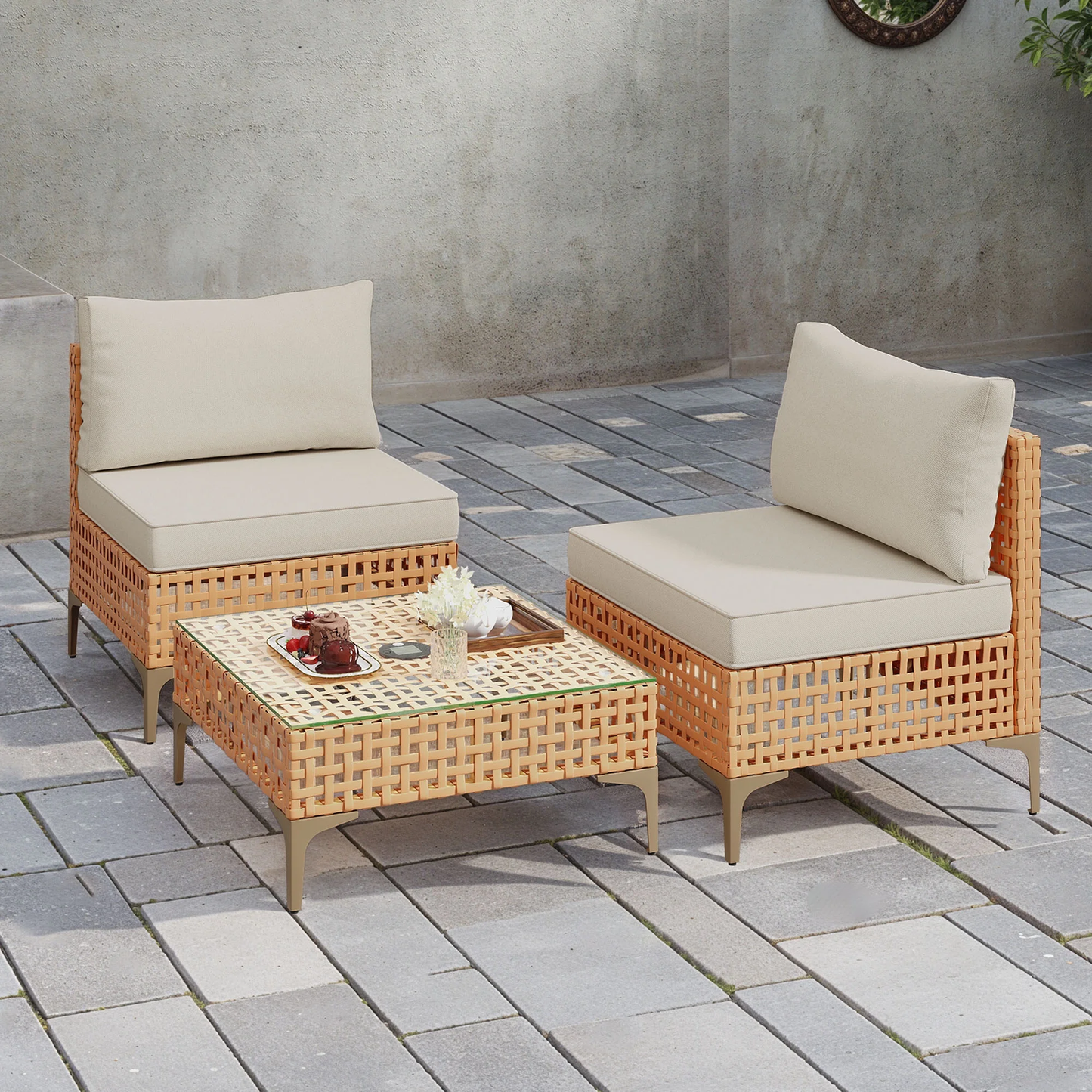 3 Pieces Outdoor Patio Furniture Set,Rattan Wicker Conversation Set,Bistro Set of Outdoor Sectional Sofa Chairs & Solar Light Coffee Table