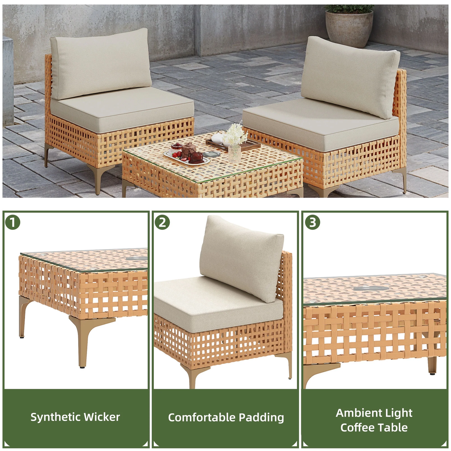 3 Pieces Outdoor Patio Furniture Set,Rattan Wicker Conversation Set,Bistro Set of Outdoor Sectional Sofa Chairs & Solar Light Coffee Table