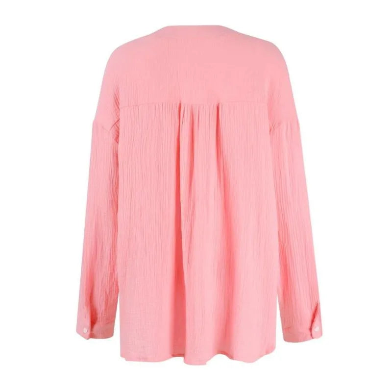 Plus Size 1XL-5XL Womens Casual Button up Shirts Summer Loose Pleats V Neck Long Sleeve Shirts Solid Blouses Tops Female