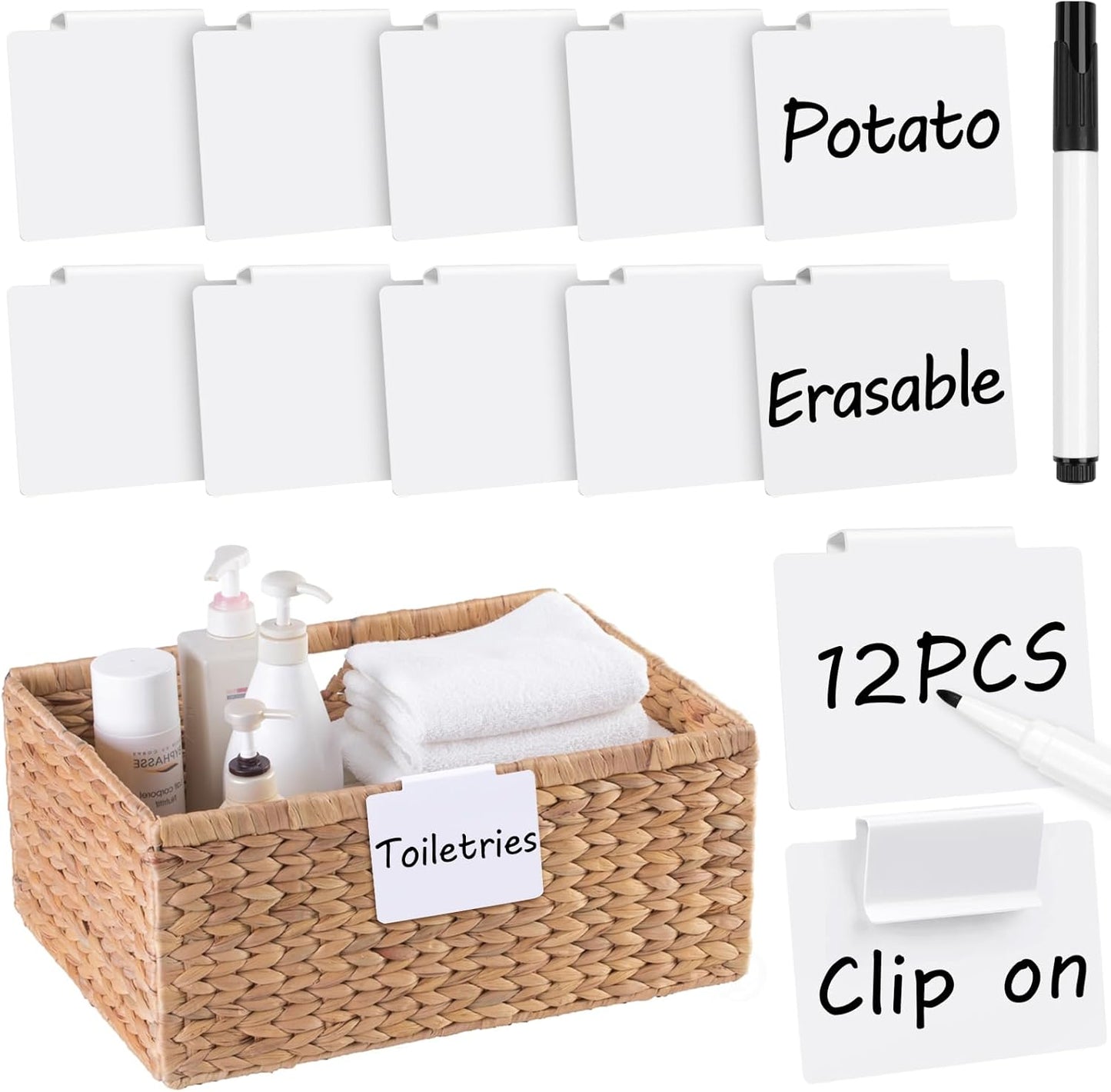 12Pcs White Basket Labels, 3.5X2.7 Clip on PVC Labels with Pen for Storage Bins, Removable Label Holders, Regular