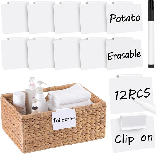 12Pcs White Basket Labels, 3.5X2.7 Clip on PVC Labels with Pen for Storage Bins, Removable Label Holders, Regular