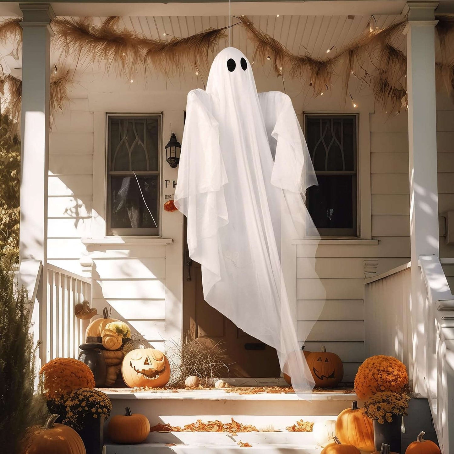 Halloween Hanging Light up Ghost, 47” White Ghosts with Warm White LED Light and Timer Halloween Hanging Decoration Waterproof for Front Yard Patio Lawn Garden Party Decor Indoor Outdoor