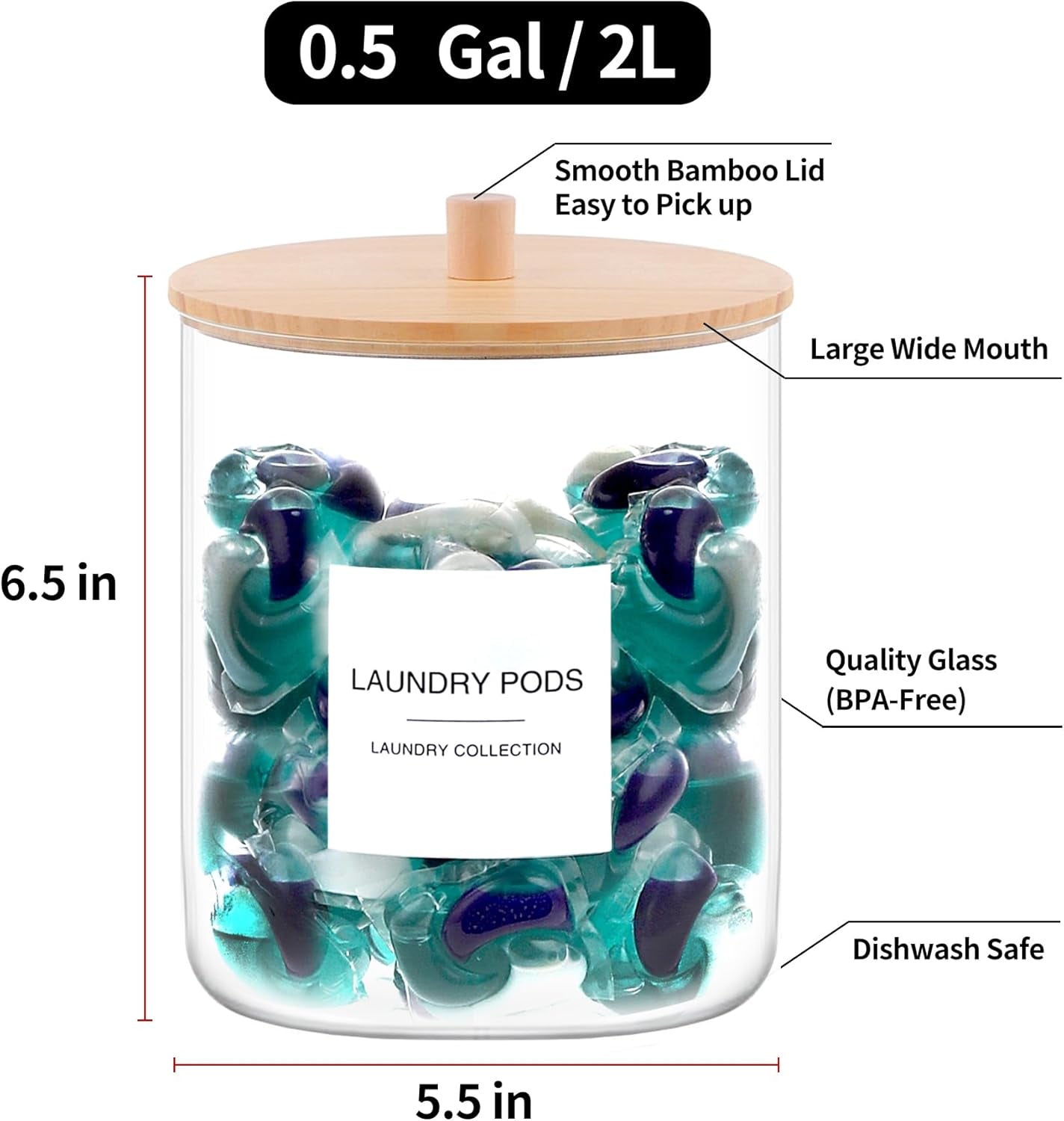 Glass Jars for Laundry Room Organization, Laundry Pods Container with 27 Labels, Detergent Holder with Bamboo Lid, Cute Storage Jars (Set of 2)