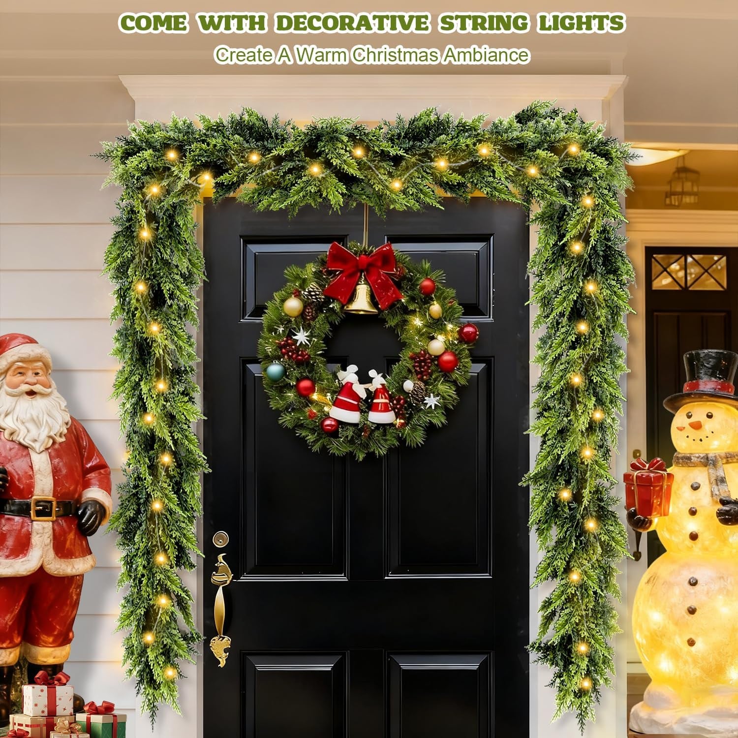 9FT Cedar Garland with Lights, Prelit Christmas Garland Artificial Realistic, Real Touch Pine Christmas Garland for Mantle Stairs Outdoor Decoration, Battery Operated Faux Greenery Garlands Thick Lush