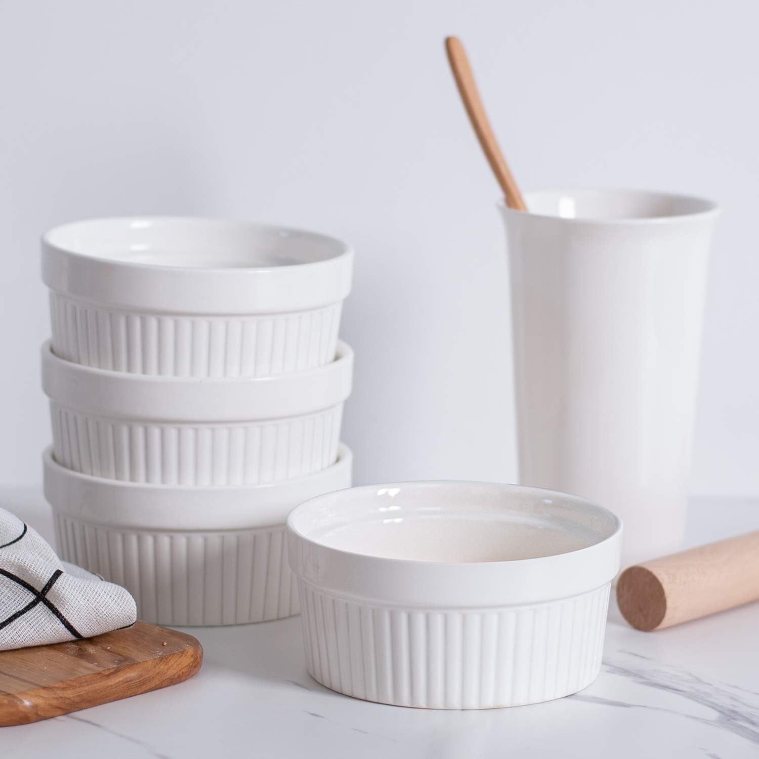 Ramekins 12 Oz Oven Safe, Creme Brulee Set, 6 PACK Porcelain Souffle Dish for Baking, Soup Bowls for French Onion Soup White