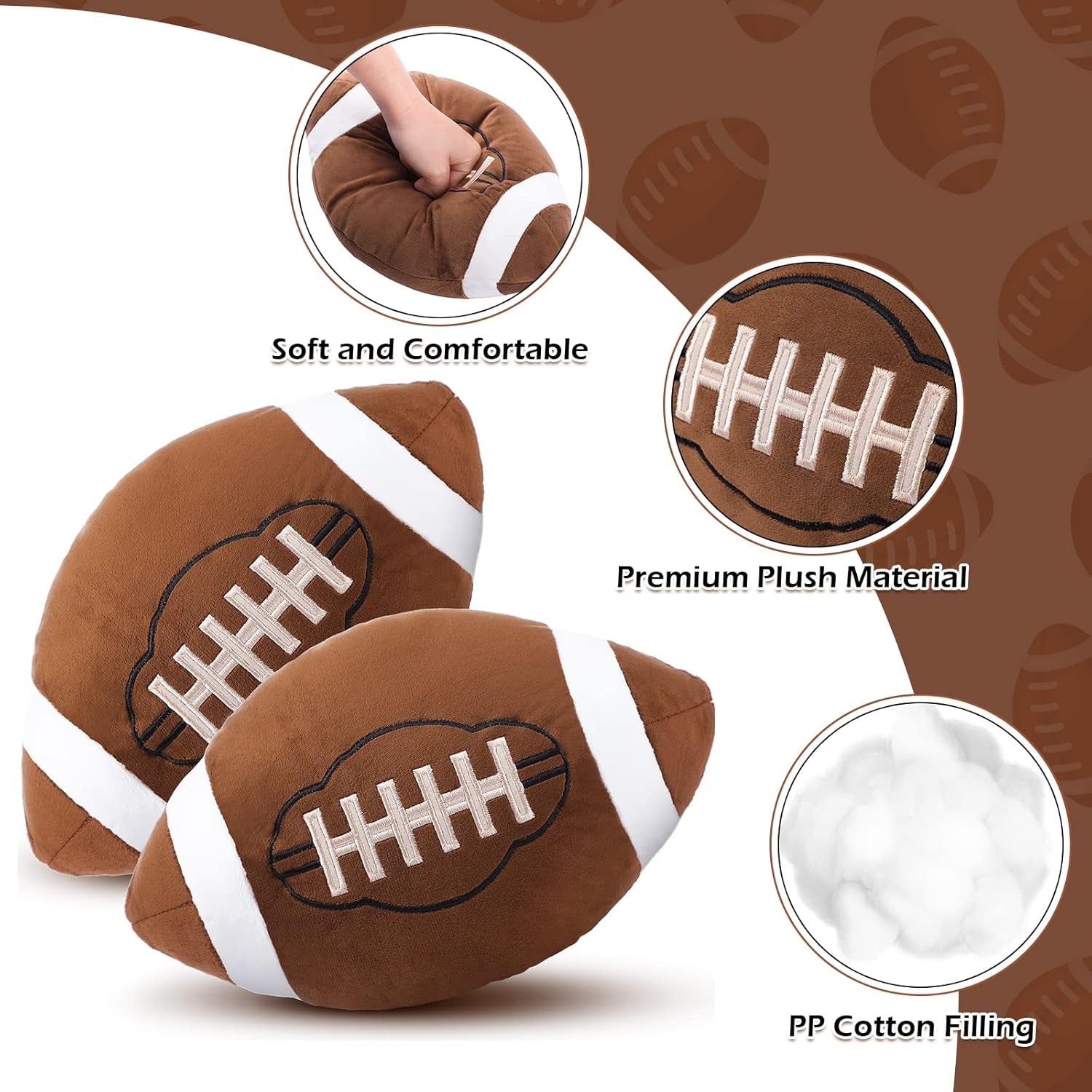 2 Pcs Plush Football Pillows Fluffy Soft Stuffed Sports Throw Pillows Cute Football Shaped Cushions for Bedroom Nursery Room Decoration