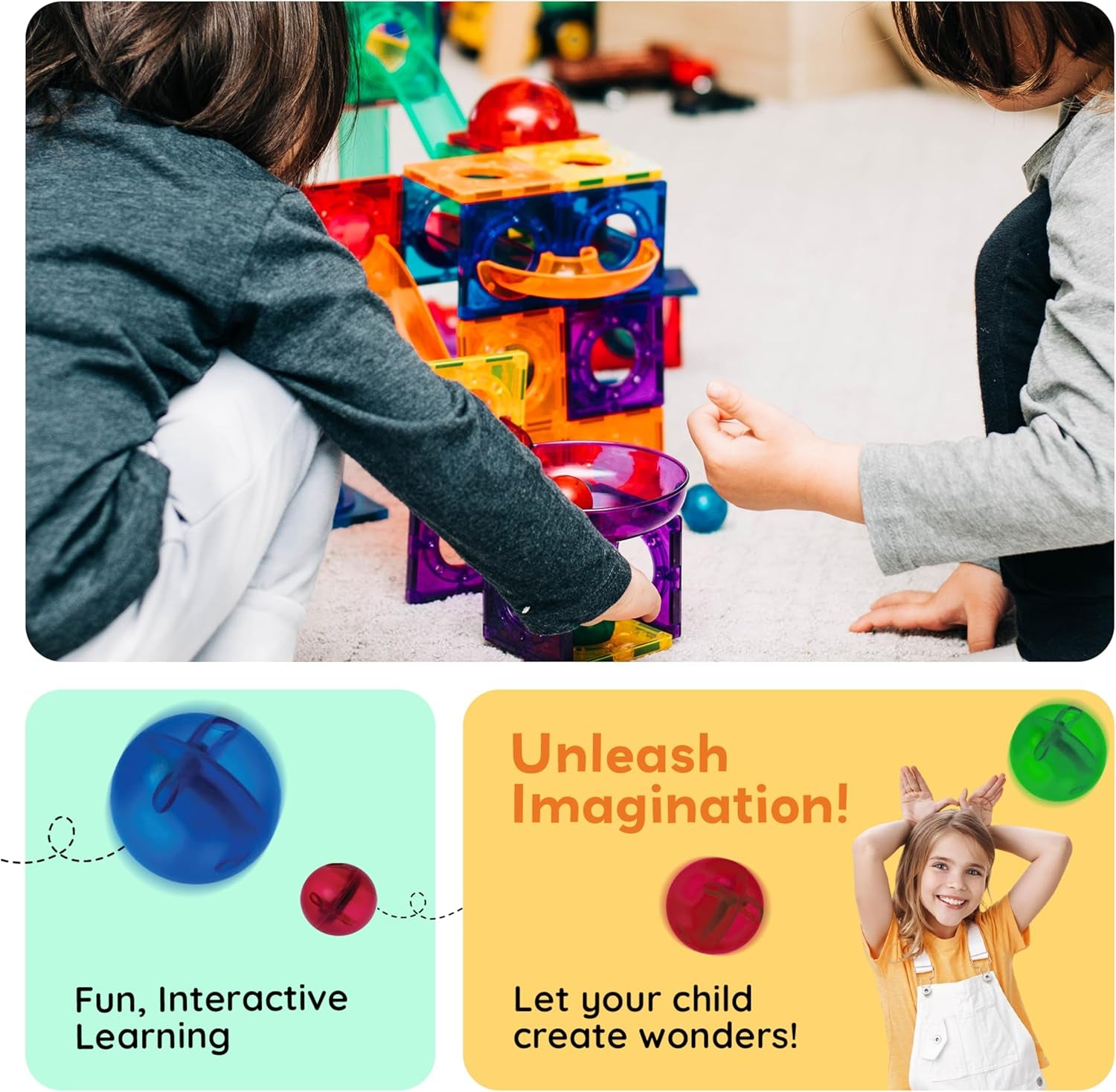 100Pc Magnetic Marble Run Set with Racing Track Tiles Funnels Curved Slopes and Steel Balls for Kids STEM Construction Indoor Learning Toy That Promotes Focus and Problem Solving PTG100