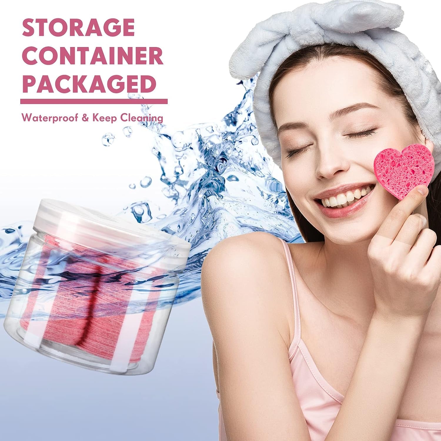 60 Pieces Facial Sponges with Container, Heart Shape Compressed Face Sponges Natural Cleaning Pads for Washing Face Cleaning Exfoliating Esthetician Makeup Removal(Pink)