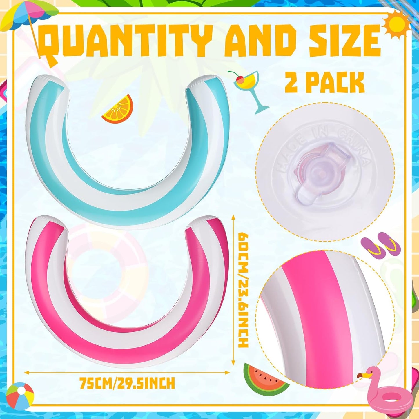 2Pcs 30 X 24 Inches Inflatable Curved Pool Noodle Adult Inflatable Pool Float Noodles for Swimming Travel Pink Blue Stripe Pools Float Toys Summer Party Beach Water Games Supplies