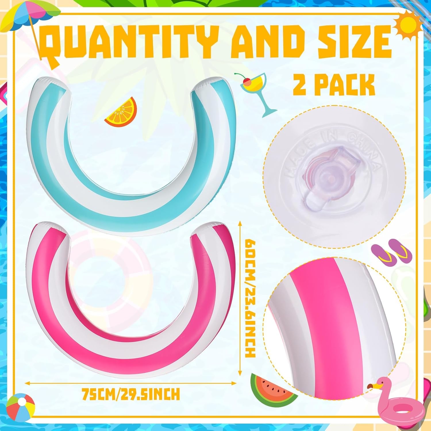 2Pcs 30 X 24 Inches Inflatable Curved Pool Noodle Adult Inflatable Pool Float Noodles for Swimming Travel Pink Blue Stripe Pools Float Toys Summer Party Beach Water Games Supplies