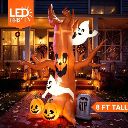 8 FT Halloween Inflatables Spooky Tree with Ghost,Pumpkin & Tombstone Tree Blow up Decor with Built-In LED Lights for Yard,Lawn,Garden,Party,Holiday Outdoor Decorations