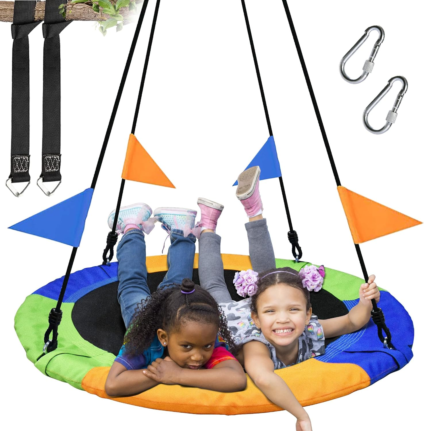 40 Inch Saucer Tree Swing Flying 900Lb Weight Capacity 2 Added Hanging Straps Adjustable Multi-Strand Ropes Colorful Safe and Durable Swing Seat for Children