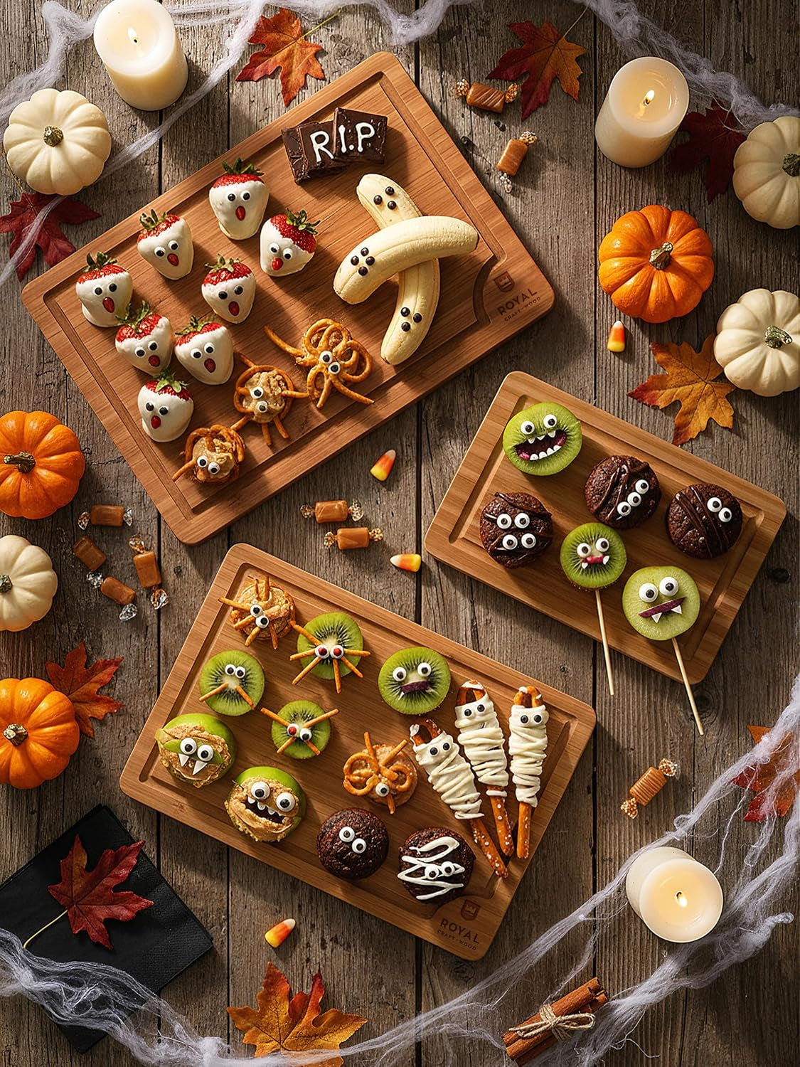 Wooden Cutting Boards for Kitchen Meal Prep & Serving - Bamboo Wood Serving Board Set with Deep Juice Groove Side Handles - Charcuterie & Chopping Butcher Block for Meat (3 Pcs)