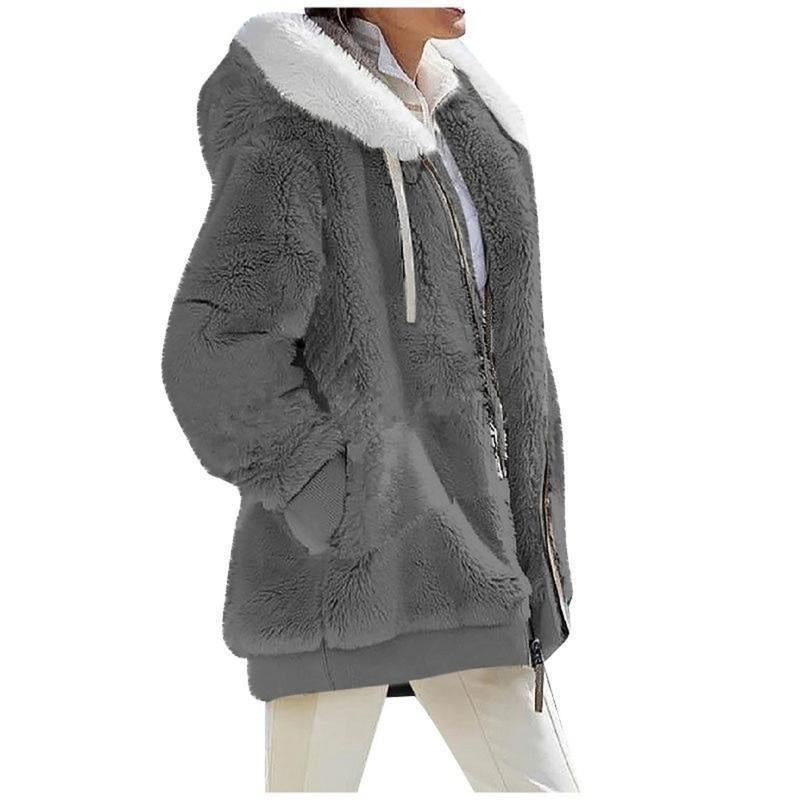 Autumn Winter Women'S Loose Plush Long-Sleeved Zipper Pocket Hooded Warm Coat Womenswear Jackets Tops Underwear Lady Comfort Long Sleeve Outerwear Longsleeves Fitted Basic Casual Basic Casual Minimalist