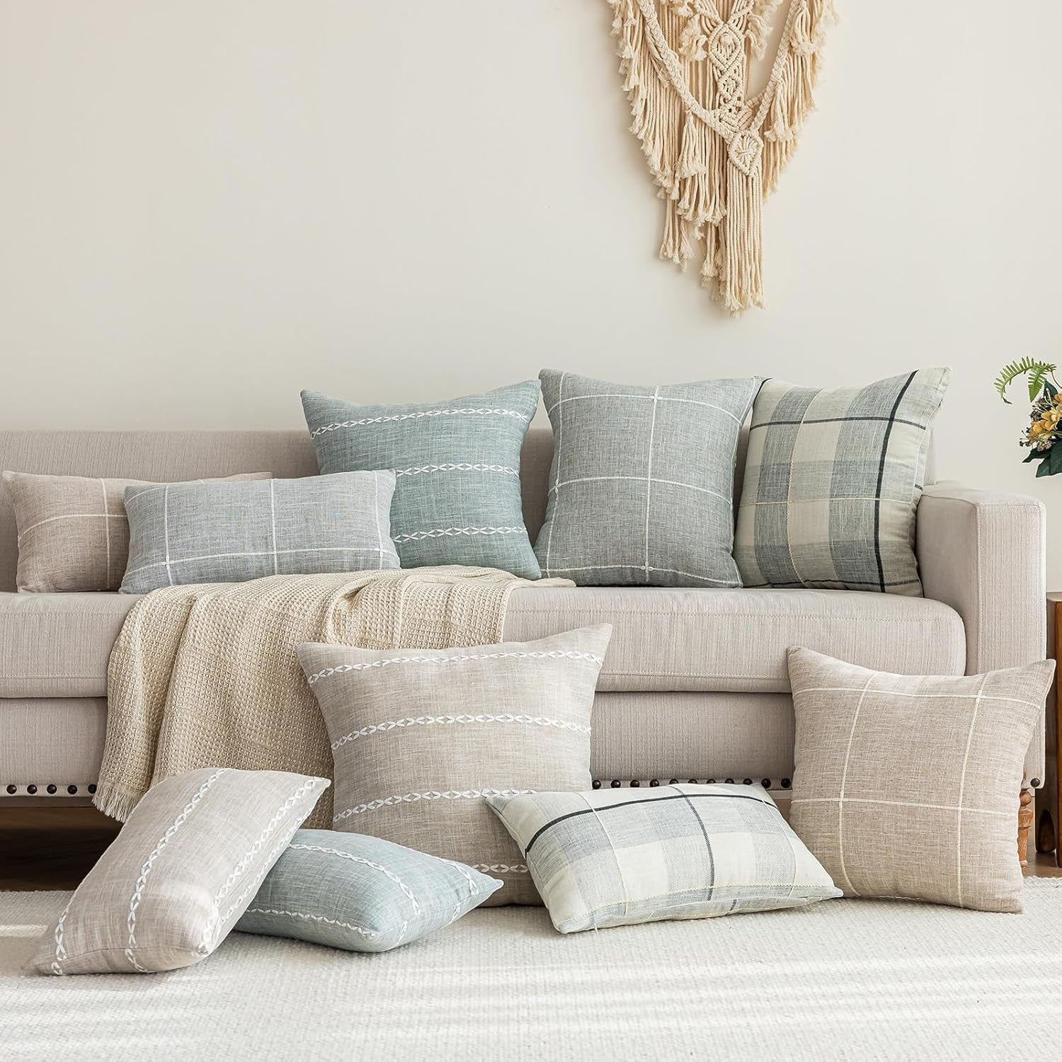 Rustic Lattice Cotton Linen Decorative Throw Pillow Cover Embroidery Square Cushion Cover Pillowcase for Sofa Bedroom Couch (Plaid Coffee,24"X24")