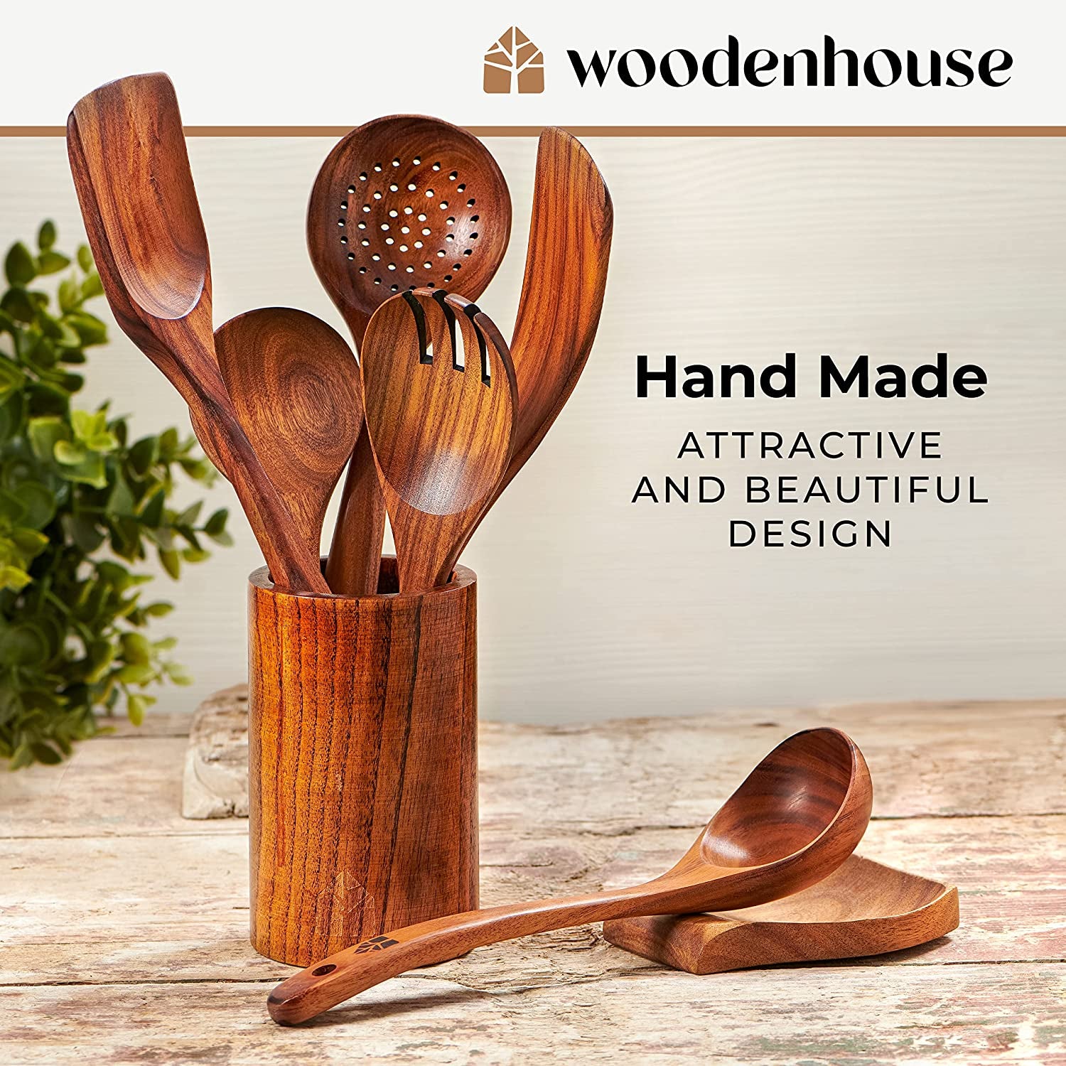 Wooden Utensil Set 8 Pcs – Sturdy & Easy to Clean, Natural Teak Wooden Spoons for Cooking – Non-Scratch Cooking Utensils with Spatula, Turner, Ladle, Spoons, Holder, Spoon Rest, 6 Hooks Kitchen Gifts
