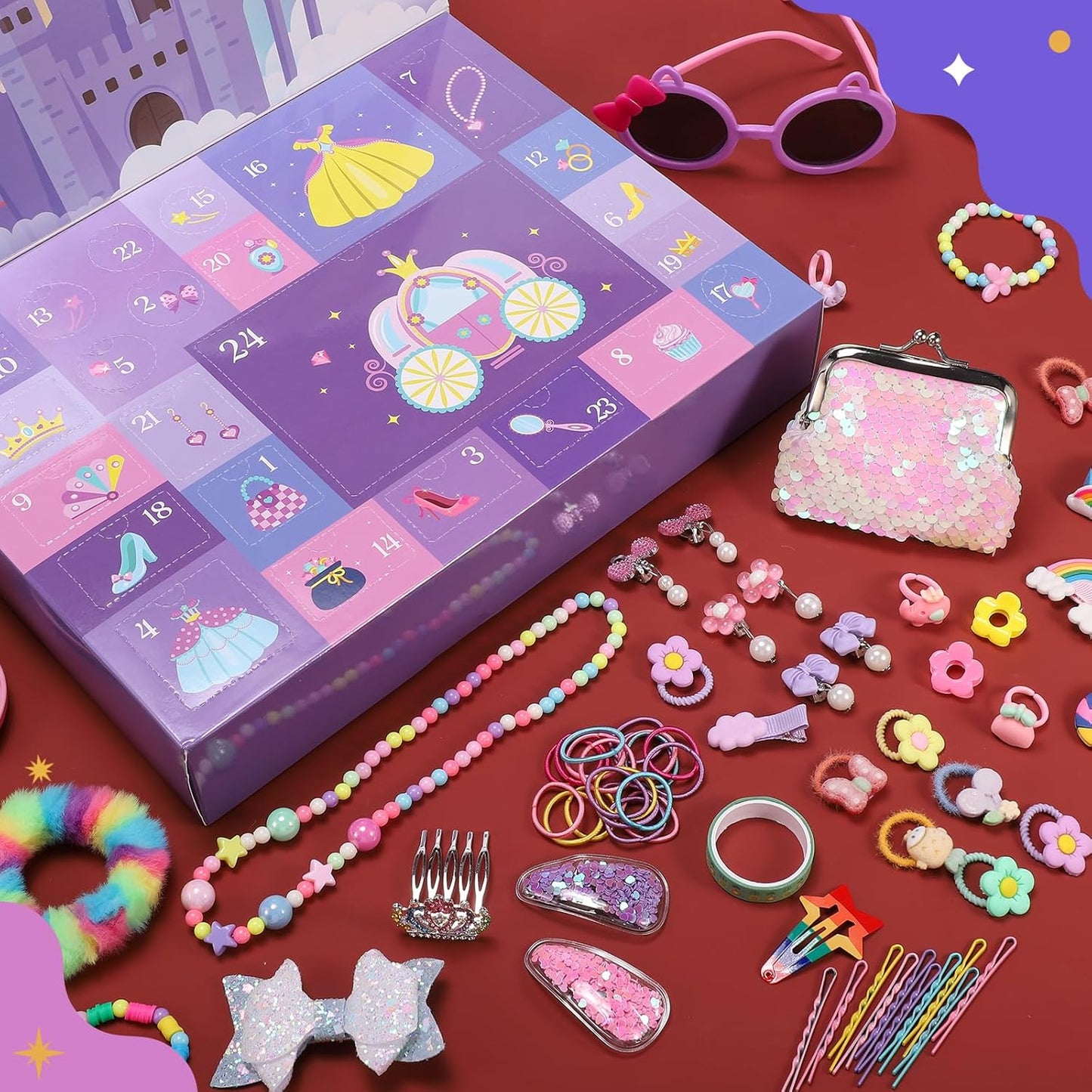 Advent Calendar 2025, Christmas Countdown Calendar 24 Days Surprise Xmas Gift Box Including Hair Accessories, Glasses, Necklace, Ring, Bracelet, Mirror