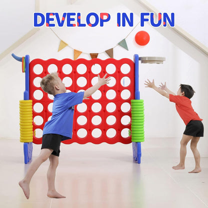Giant 4-In-A-Row Game with Carry Bag, 3-In-1 Jumbo 4-To-Score Outdoor Yard Game with Basketball Hoop, Ring Toss, Quick-Release Slider, 42 Rings, Family Party Game for Kids & Adults
