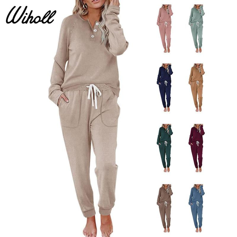 WIHOLL Two Piece Outfits for Women Lounge Sets Button down Sweatshirt Sweatpants Sweatsuits Set with Pockets