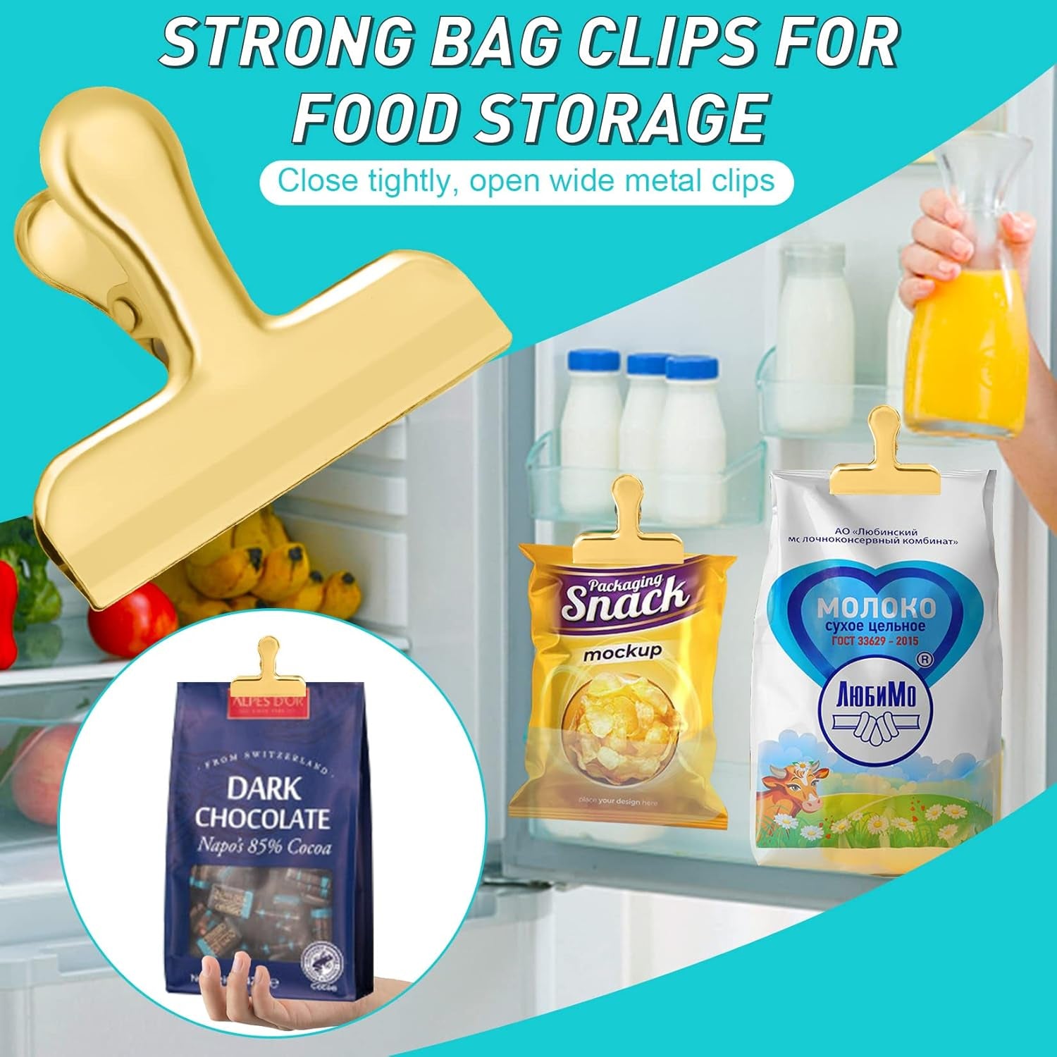 8 Pack 3 Inch Stainless Steel Gold Chip Clips Bag Clips Large Clip for Food Packages,Strong Kitchen Food Clip for Snack,Chips,Home&Office Paper Heavy Duty