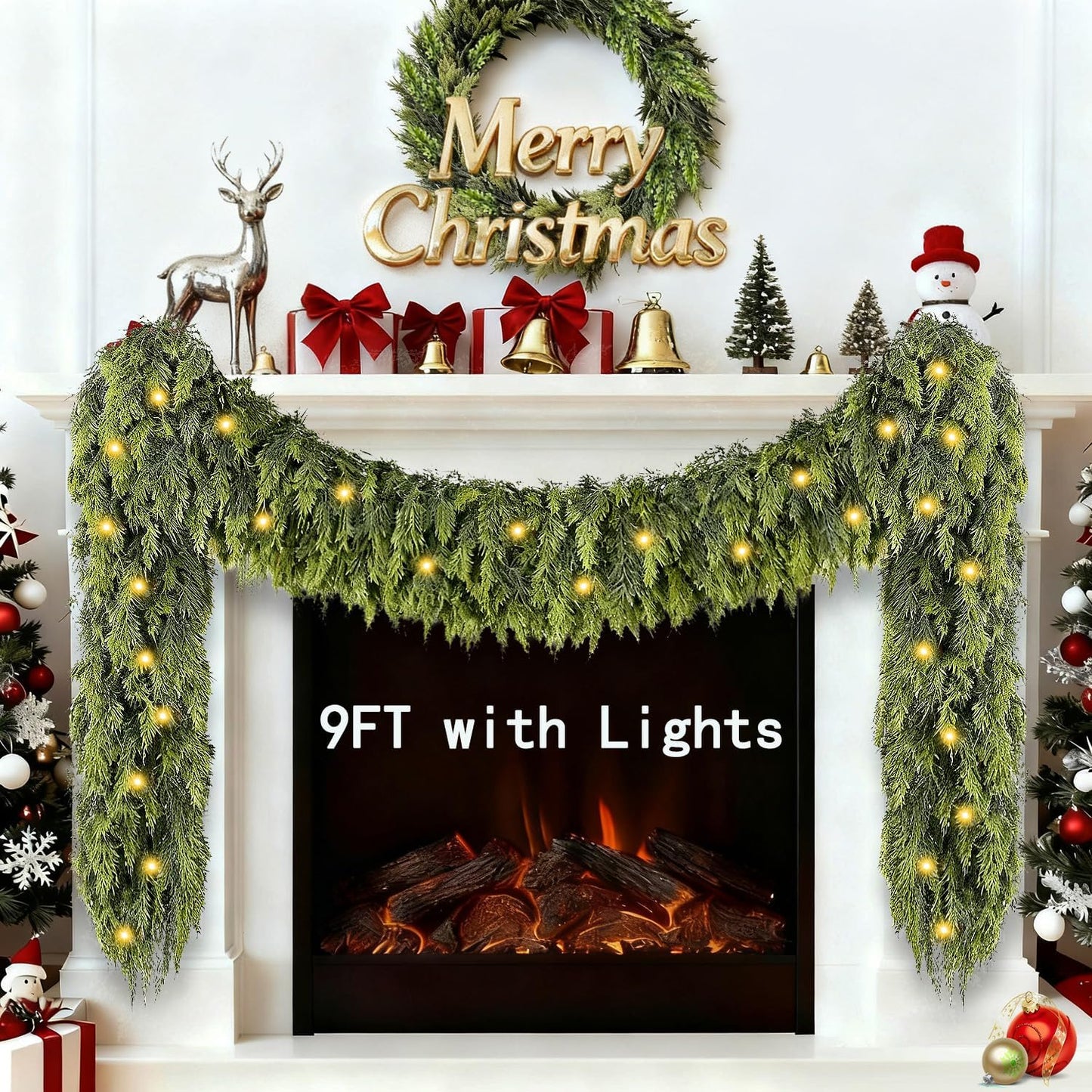 9FT Cedar Garland with Lights, Prelit Christmas Garland Artificial Realistic, Real Touch Pine Christmas Garland for Mantle Stairs Outdoor Decoration, Battery Operated Faux Greenery Garlands Thick Lush