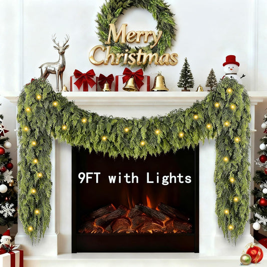 9FT Cedar Garland with Lights, Prelit Christmas Garland Artificial Realistic, Real Touch Pine Christmas Garland for Mantle Stairs Outdoor Decoration, Battery Operated Faux Greenery Garlands Thick Lush