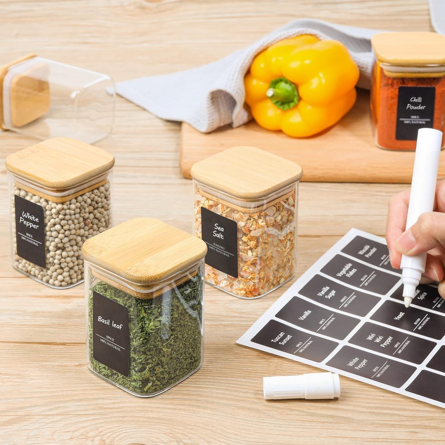 6Pcs 6 Oz Spice Jars with Label Trial Set, Glass Spice Jars with Bamboo Lids Supplementary Set, Seasoning Container Trial Pack, Perfect for Ktichen Starter