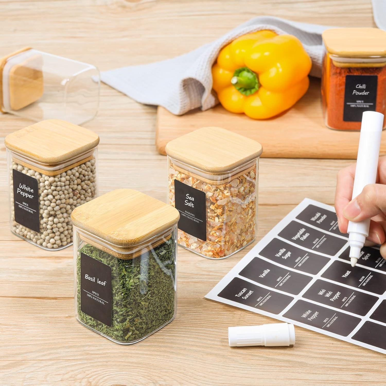 6Pcs 6 Oz Spice Jars with Label Trial Set, Glass Spice Jars with Bamboo Lids Supplementary Set, Seasoning Container Trial Pack, Perfect for Ktichen Starter