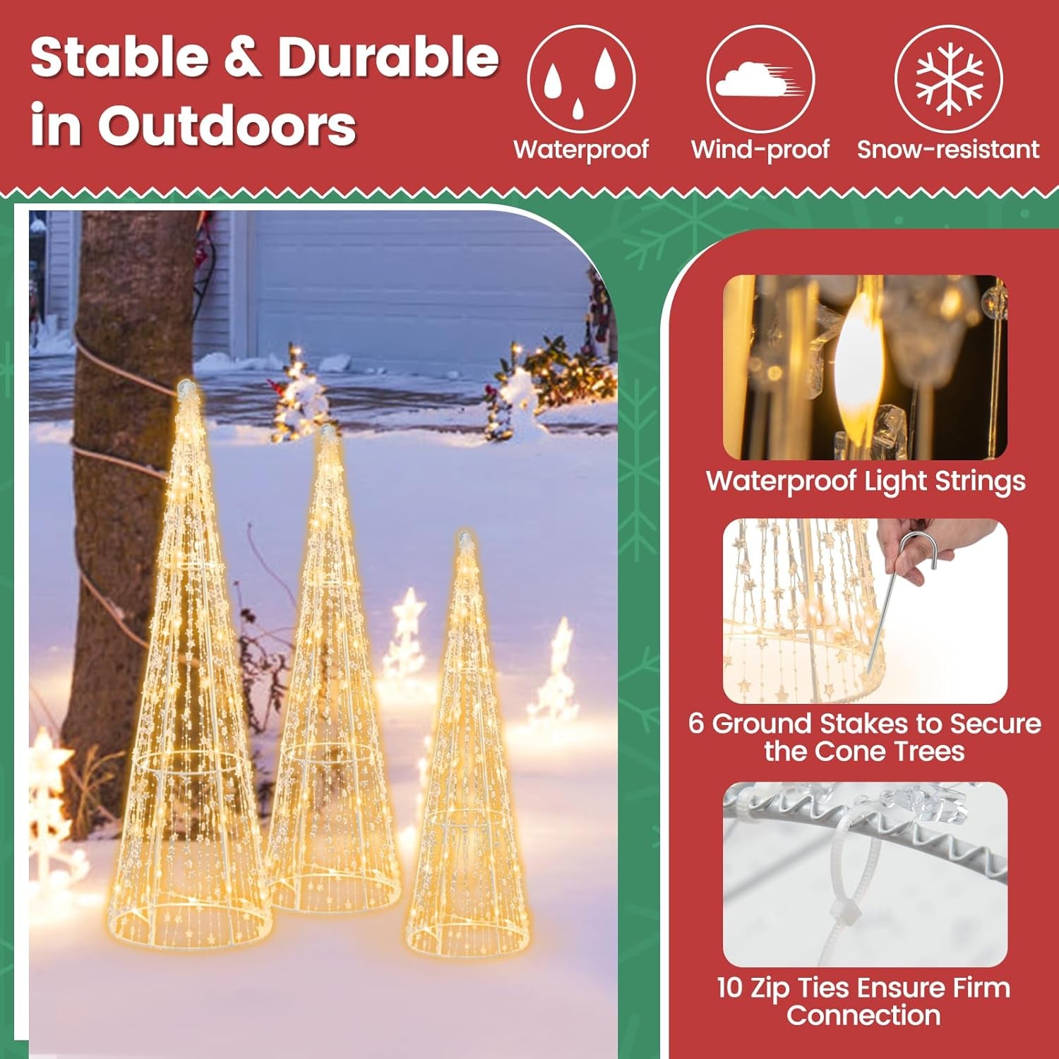 Set of 3 Lighted Christmas Cone Trees, Xmas Decorative Conic Tree Set with Star Strings, 90 Warm White LED Lights, Indoor & Outdoor Lighted Decorations for Lawn Yard Garden Party