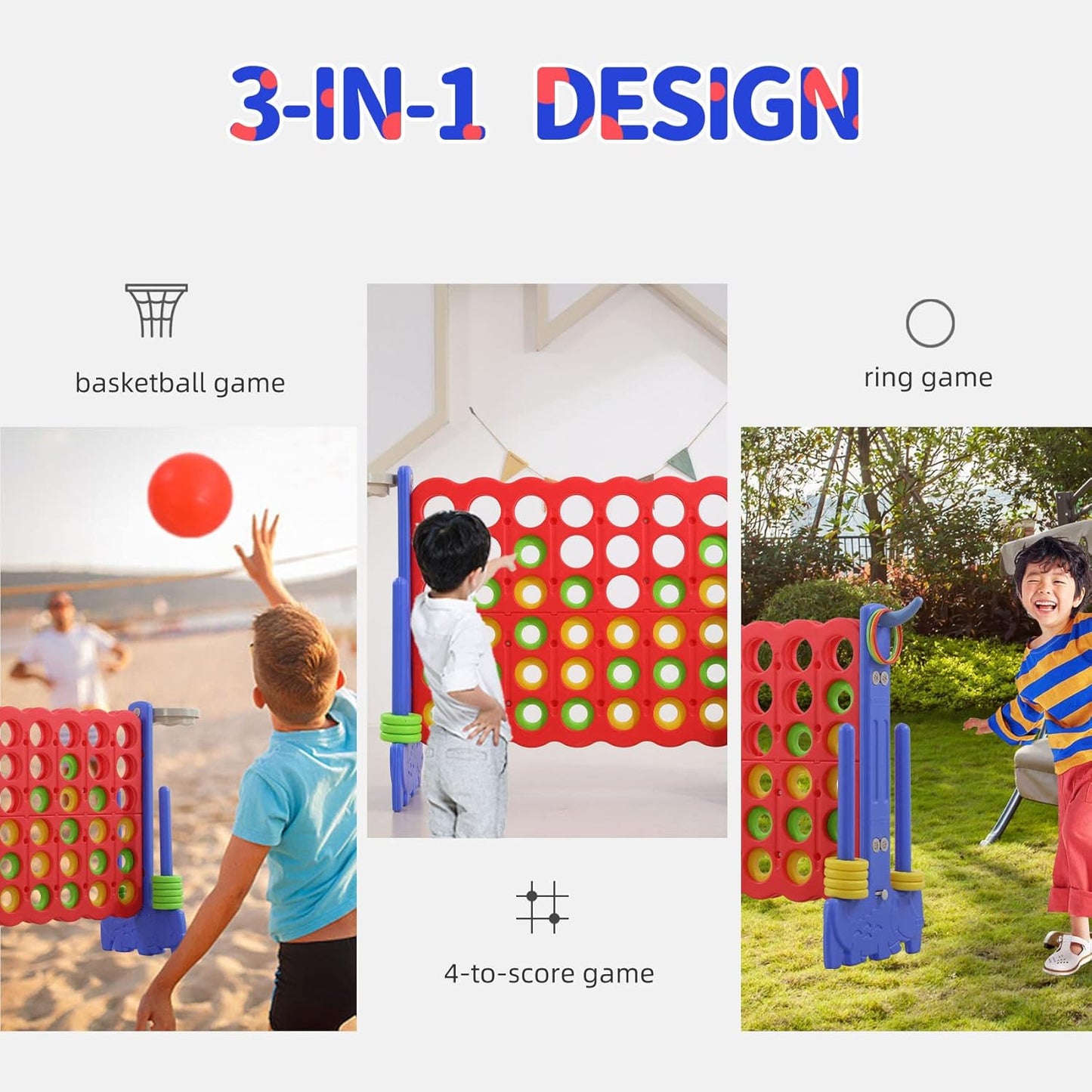 Giant 4-In-A-Row Game with Carry Bag, 3-In-1 Jumbo 4-To-Score Outdoor Yard Game with Basketball Hoop, Ring Toss, Quick-Release Slider, 42 Rings, Family Party Game for Kids & Adults