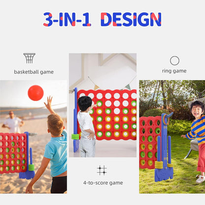 Giant 4-In-A-Row Game with Carry Bag, 3-In-1 Jumbo 4-To-Score Outdoor Yard Game with Basketball Hoop, Ring Toss, Quick-Release Slider, 42 Rings, Family Party Game for Kids & Adults