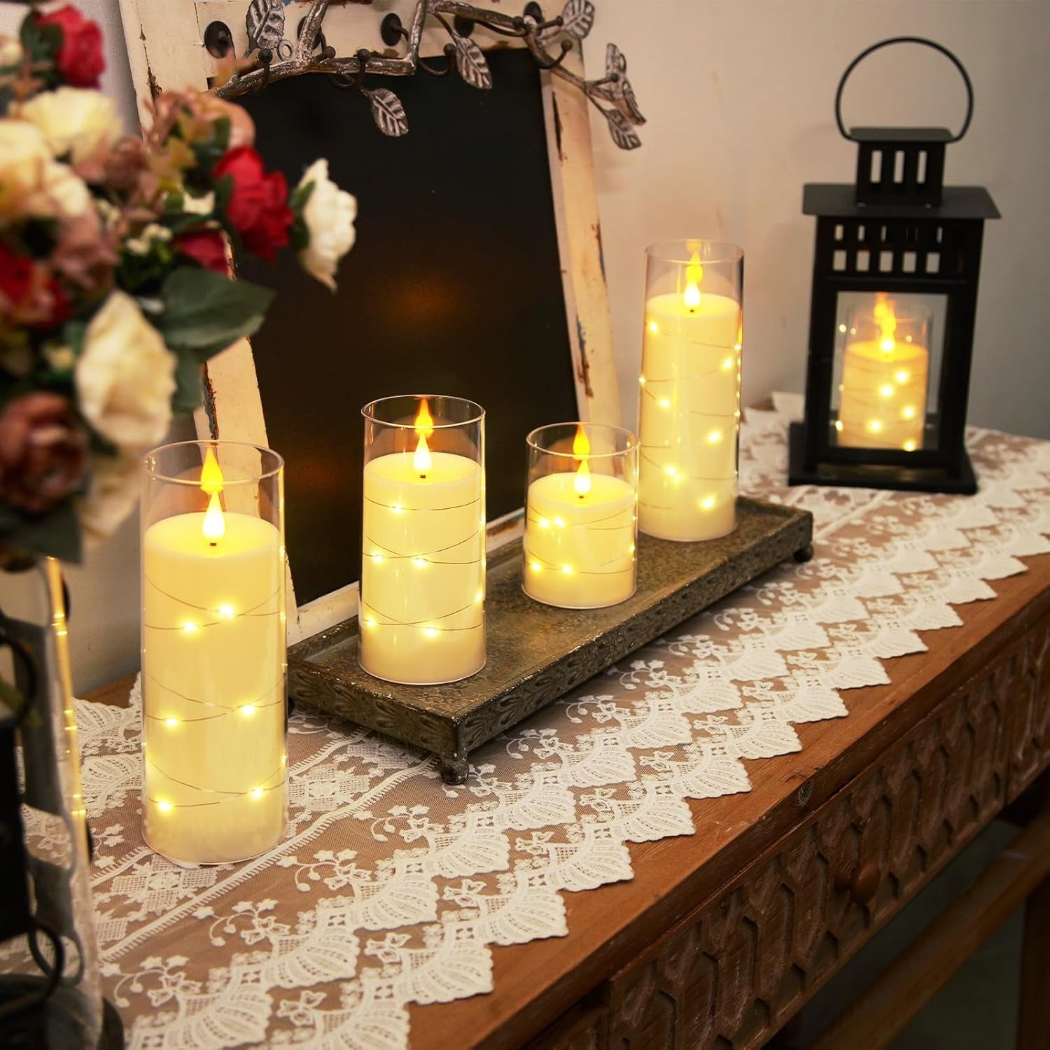 Flameless Candles with Embedded Star String Fairy Lights, Battery Operated Candles, LED Candle, Fake Candles with Remote Control and Timer, Ivory, Set of 5(H4 5" 6" 8" 8")