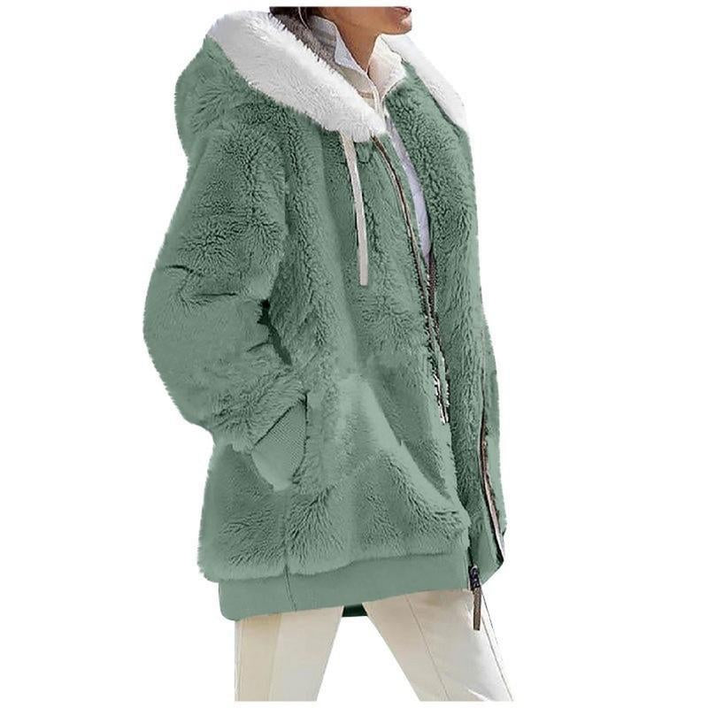 Autumn Winter Women'S Loose Plush Long-Sleeved Zipper Pocket Hooded Warm Coat Womenswear Jackets Tops Underwear Lady Comfort Long Sleeve Outerwear Longsleeves Fitted Basic Casual Basic Casual Minimalist