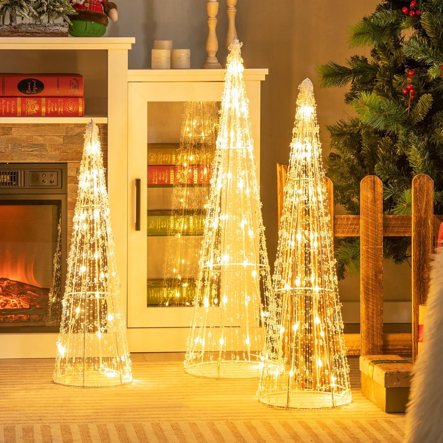 Set of 3 Lighted Christmas Cone Trees, Xmas Decorative Conic Tree Set with Star Strings, 90 Warm White LED Lights, Indoor & Outdoor Lighted Decorations for Lawn Yard Garden Party