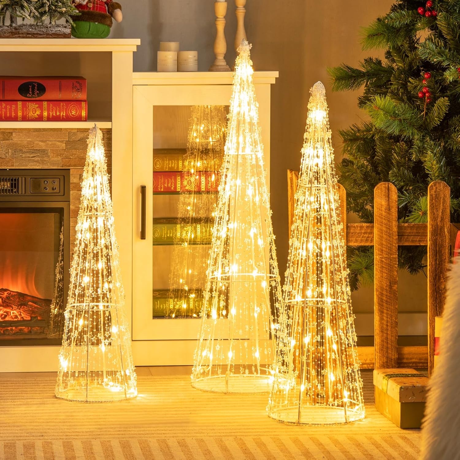 Set of 3 Lighted Christmas Cone Trees, Xmas Decorative Conic Tree Set with Star Strings, 90 Warm White LED Lights, Indoor & Outdoor Lighted Decorations for Lawn Yard Garden Party