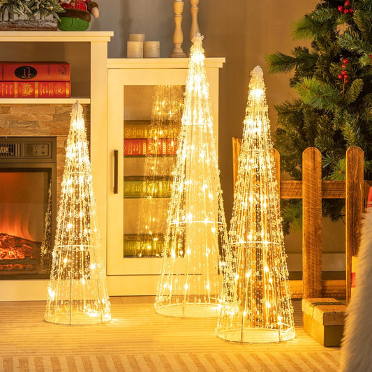 Set of 3 Lighted Christmas Cone Trees, Xmas Decorative Conic Tree Set with Star Strings, 90 Warm White LED Lights, Indoor & Outdoor Lighted Decorations for Lawn Yard Garden Party