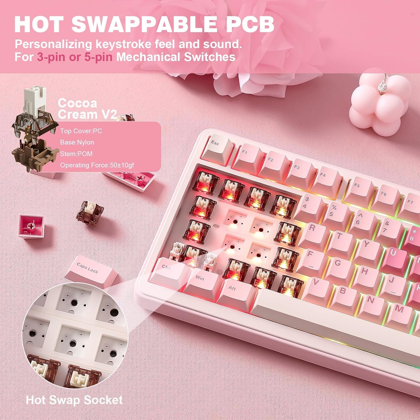 B75 PRO Wireless Mechanical Keyboard,75% Layout with Knob,Hot Swap Gasket Custom Structure,Creamy Pre-Lubed Switches,Rgb Backlit,Bluetooth/Type-C/2.4G for Win/Mac(Cocoa Cream V2 Switch,Pink)