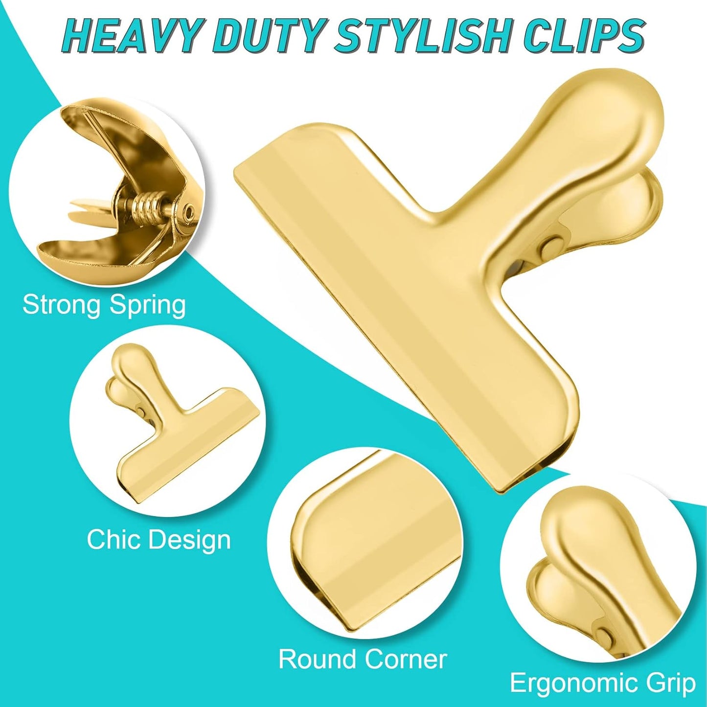 8 Pack 3 Inch Stainless Steel Gold Chip Clips Bag Clips Large Clip for Food Packages,Strong Kitchen Food Clip for Snack,Chips,Home&Office Paper Heavy Duty