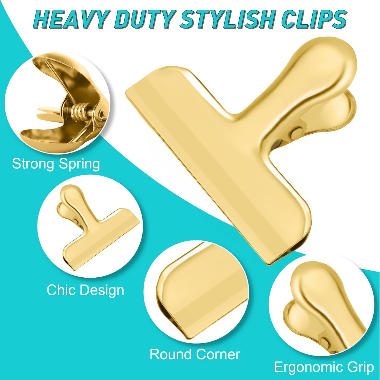 8 Pack 3 Inch Stainless Steel Gold Chip Clips Bag Clips Large Clip for Food Packages,Strong Kitchen Food Clip for Snack,Chips,Home&Office Paper Heavy Duty