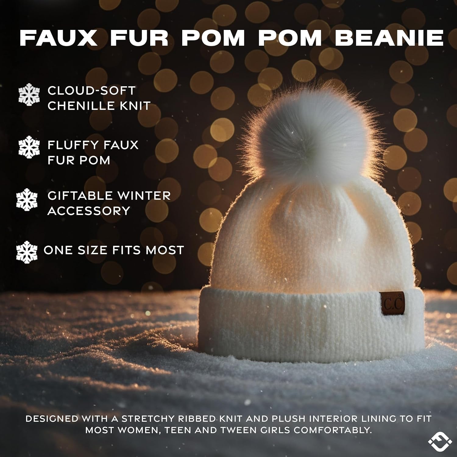 Beanie for Women Ultra Soft Chenille Faux Fur Pom Pom Winter Hats Warm Ski Cap Fashion