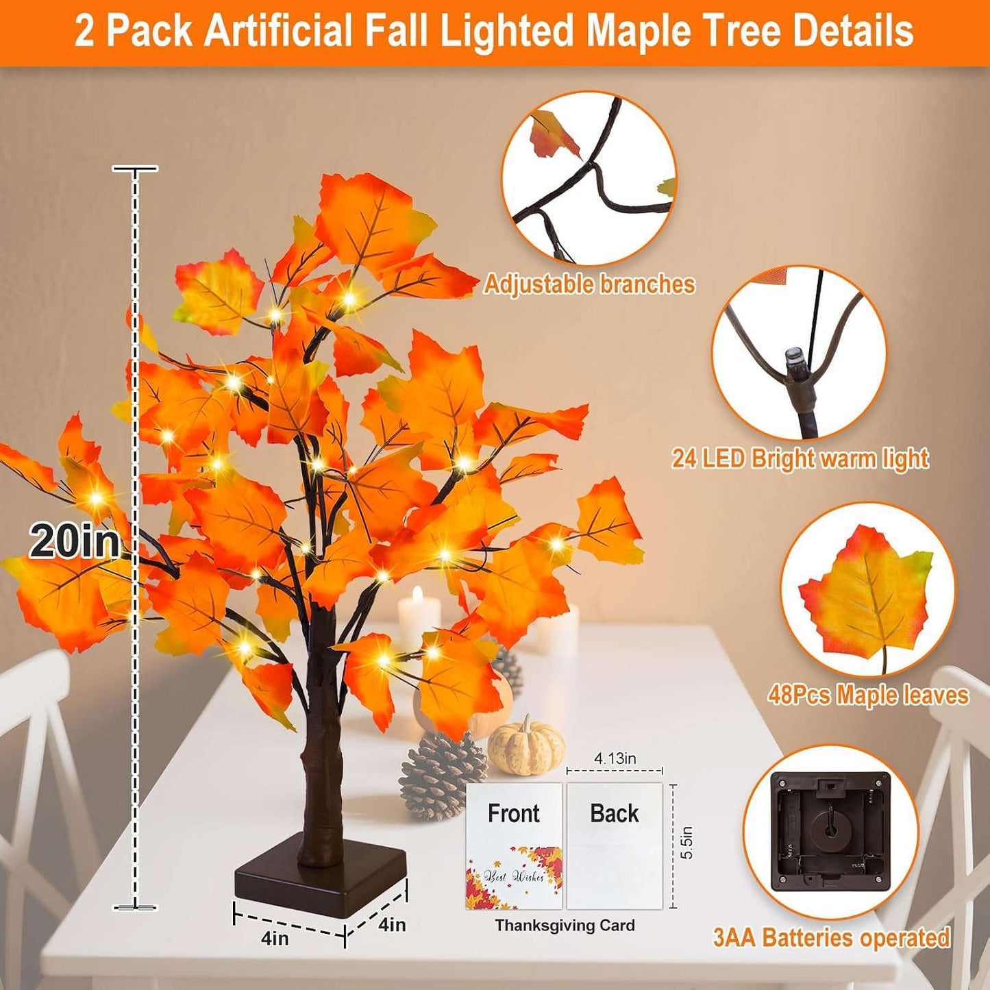 Fall Decor 2 Pack Fall Trees Artificial Lighted Maple Tree Thanksgiving Decor 48 LED Table Fall Lights up Tree Battery Operated for Wedding Party Gifts Indoor Outdoor Autumn Harvest Home Decorations