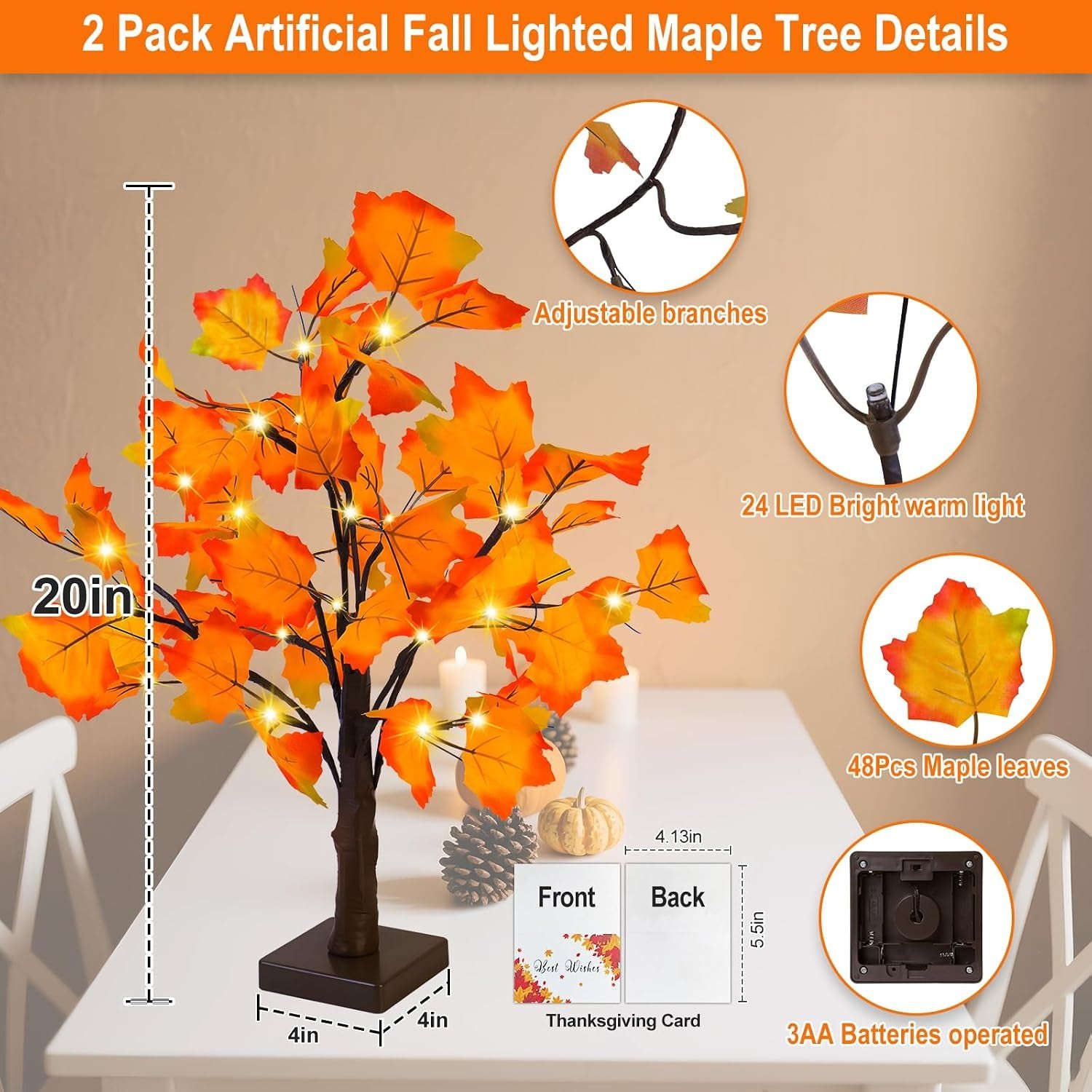 Fall Decor 2 Pack Fall Trees Artificial Lighted Maple Tree Thanksgiving Decor 48 LED Table Fall Lights up Tree Battery Operated for Wedding Party Gifts Indoor Outdoor Autumn Harvest Home Decorations